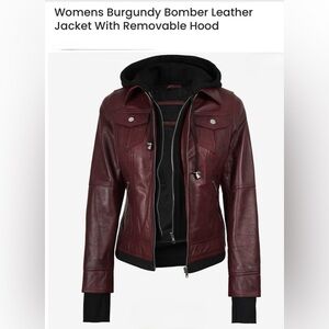 Maroon Bomber Leather Jacket for Women with Removable Hood